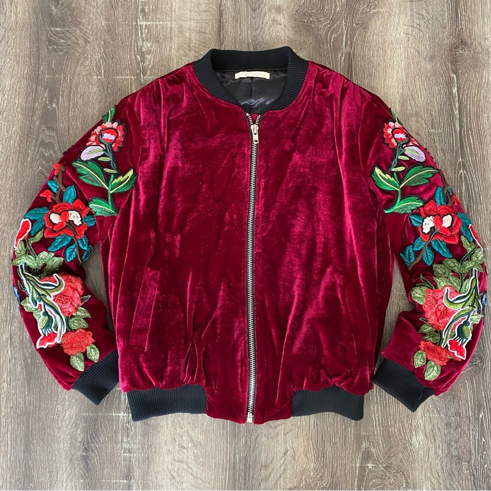Women’s Burgundy Velvet Flower Embroidered Badass Bomber Jacket